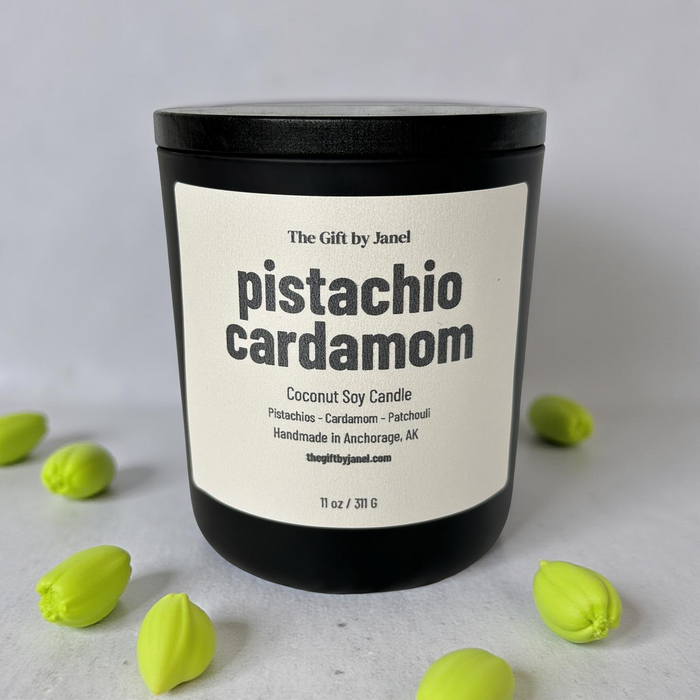 Pistachio cardamom candle with green pistachios on a light gray background
