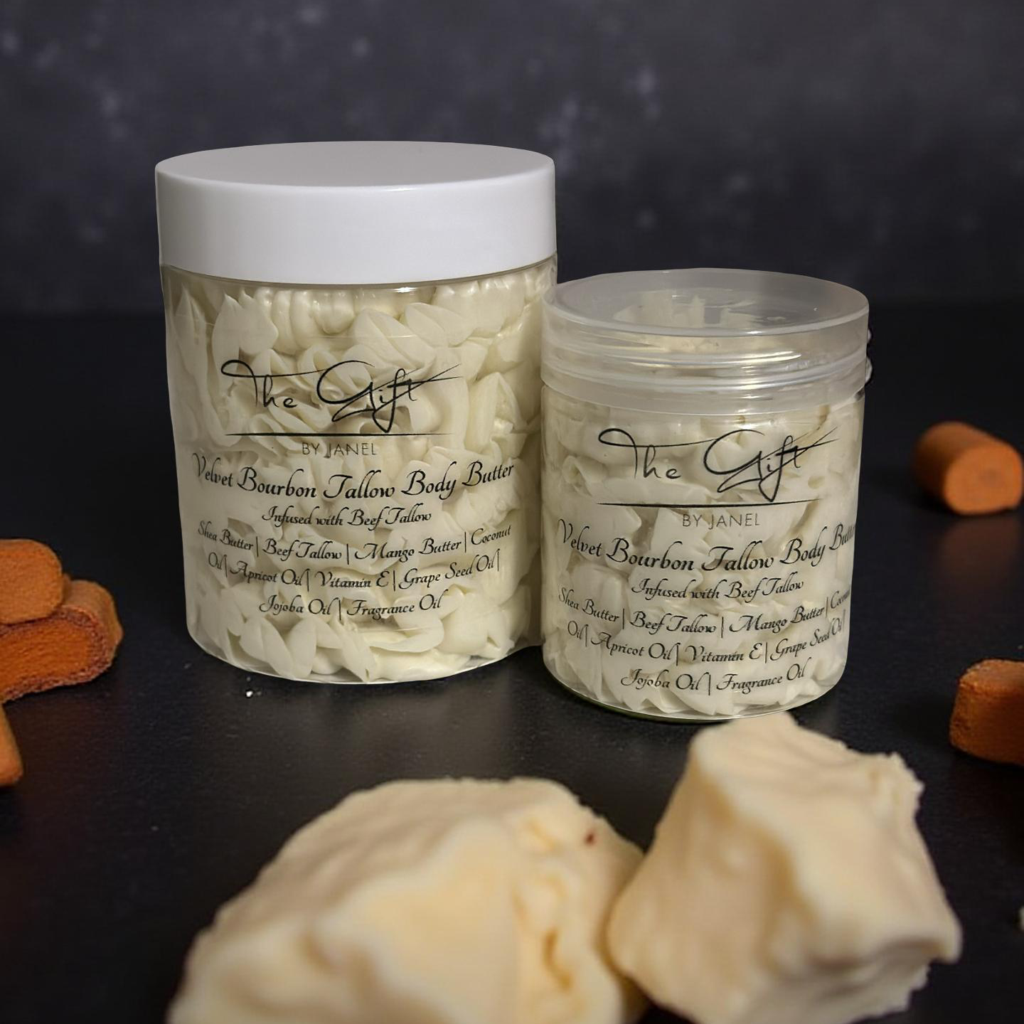 Two jars of body butter with visible labels on a dark surface.
