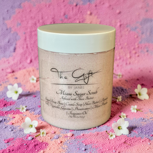 Jar of Miani Sugar Scrub with a decorative background