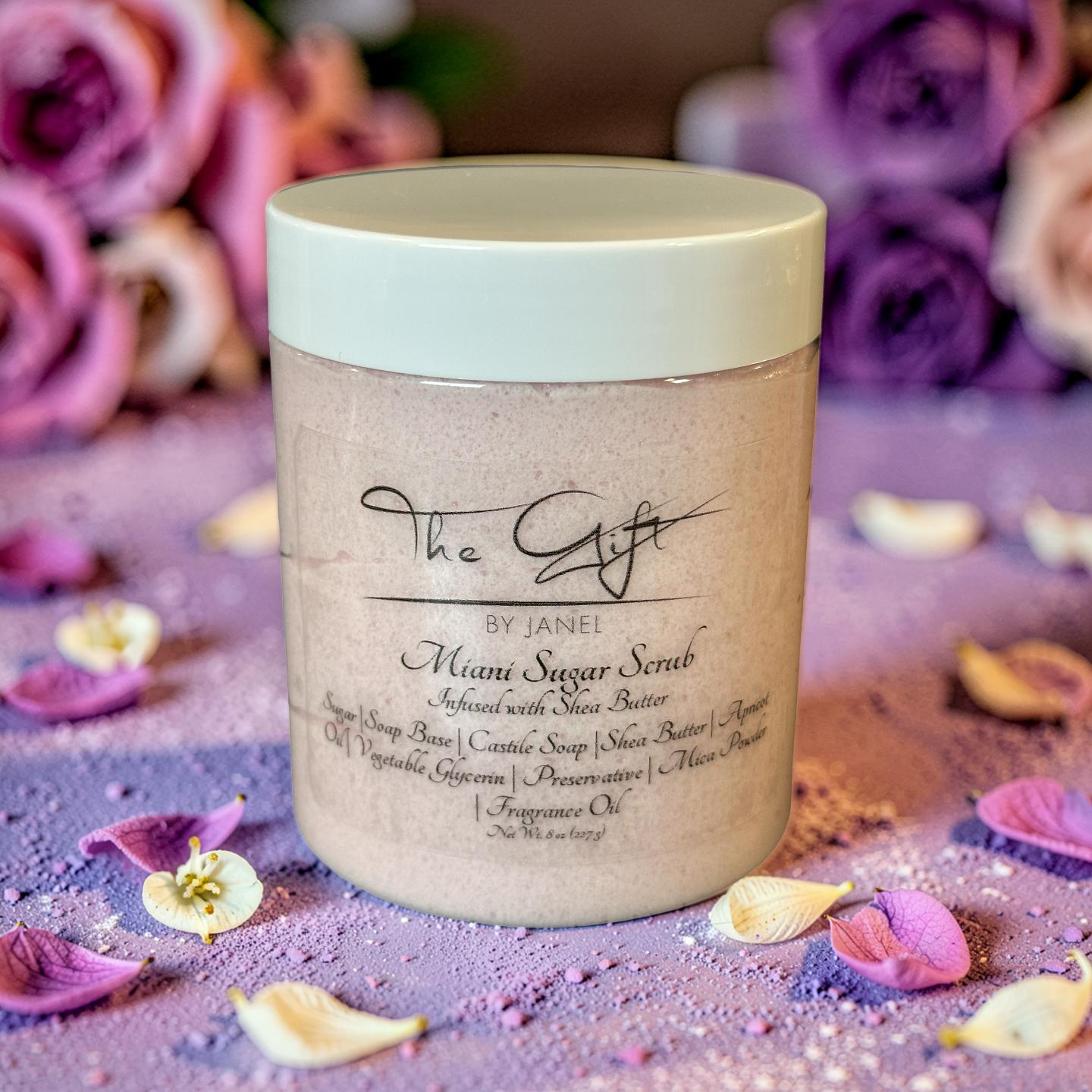 Jar of Miani Sugar Scrub with floral background