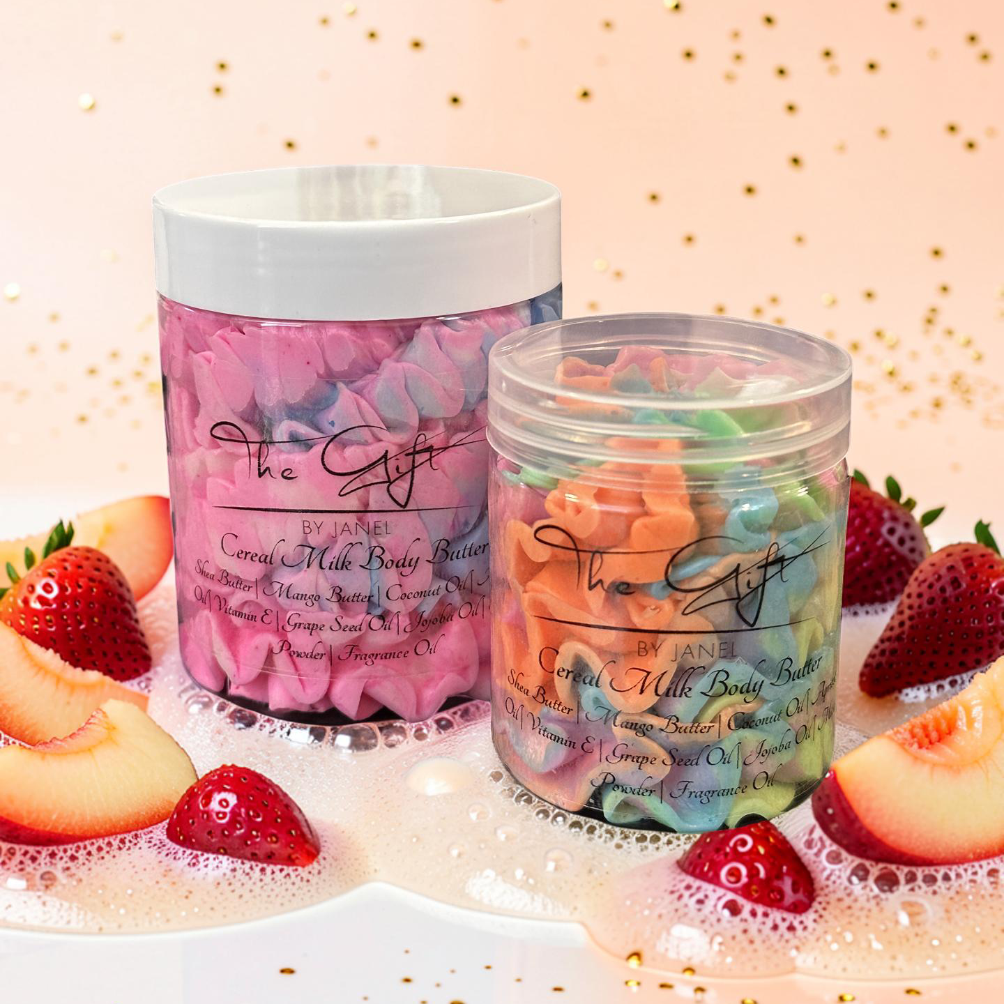 Two jars of candy with strawberries and peaches on a decorative background