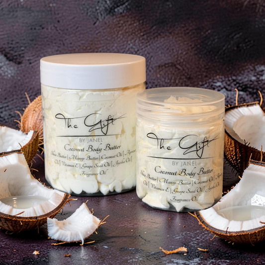 Two jars of coconut body butter with coconuts on a dark background